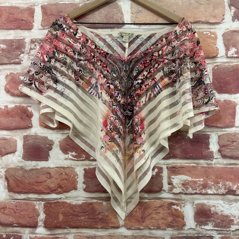 Energe Poncho Crop Top Women's 1X Multicolor Boho Striped Burnout Sheer Shirt
